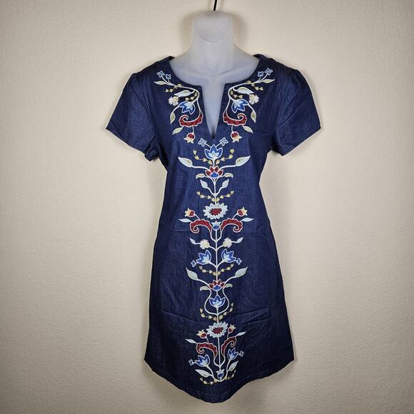 Pendleton Tala Embroidered Shift Dress Chambray Cotton Denim Pockets Art Size S - Picture 1 of 16